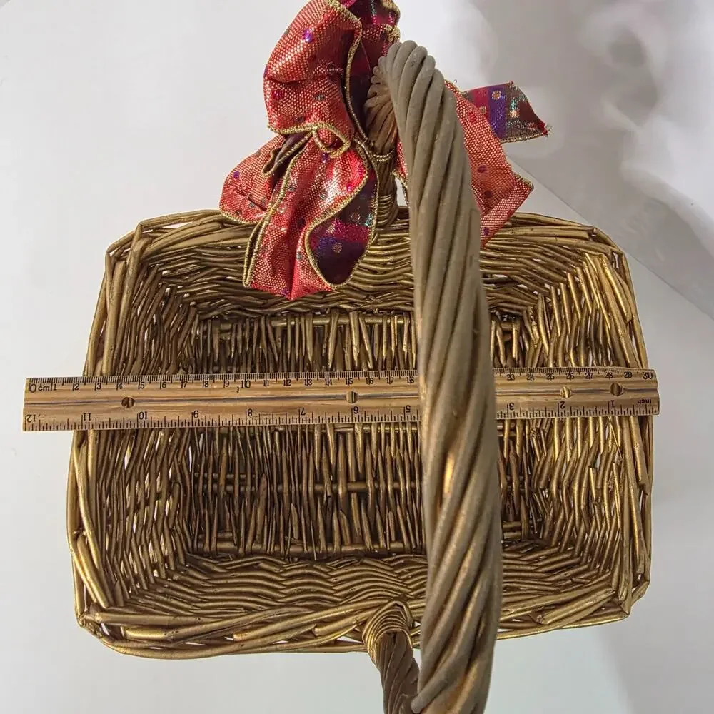 Gold Wicker Gift Basket Red Metallic Bow Christmas Holiday Decor Square